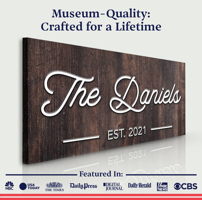 Family Name Sign IV canvas with wood backdrop and white cursive lettering by Tailored Canvases on Tampa Home & Garden Store