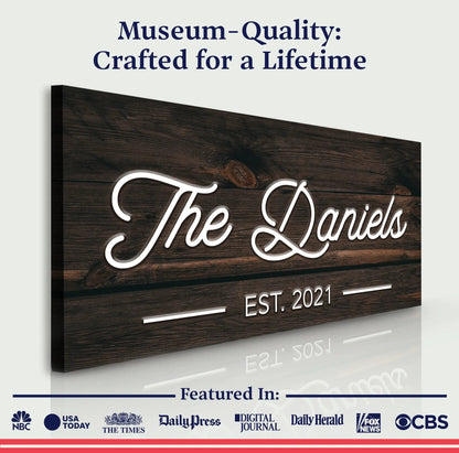 Wooden family name sign canvas with white cursive lettering Tailored Canvases on Tampa Home & Garden Store