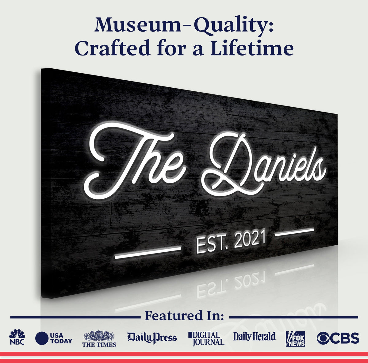 Family Name Sign V canvas by Tailored Canvases black wood background with white neon script on Tampa Home & Garden Store