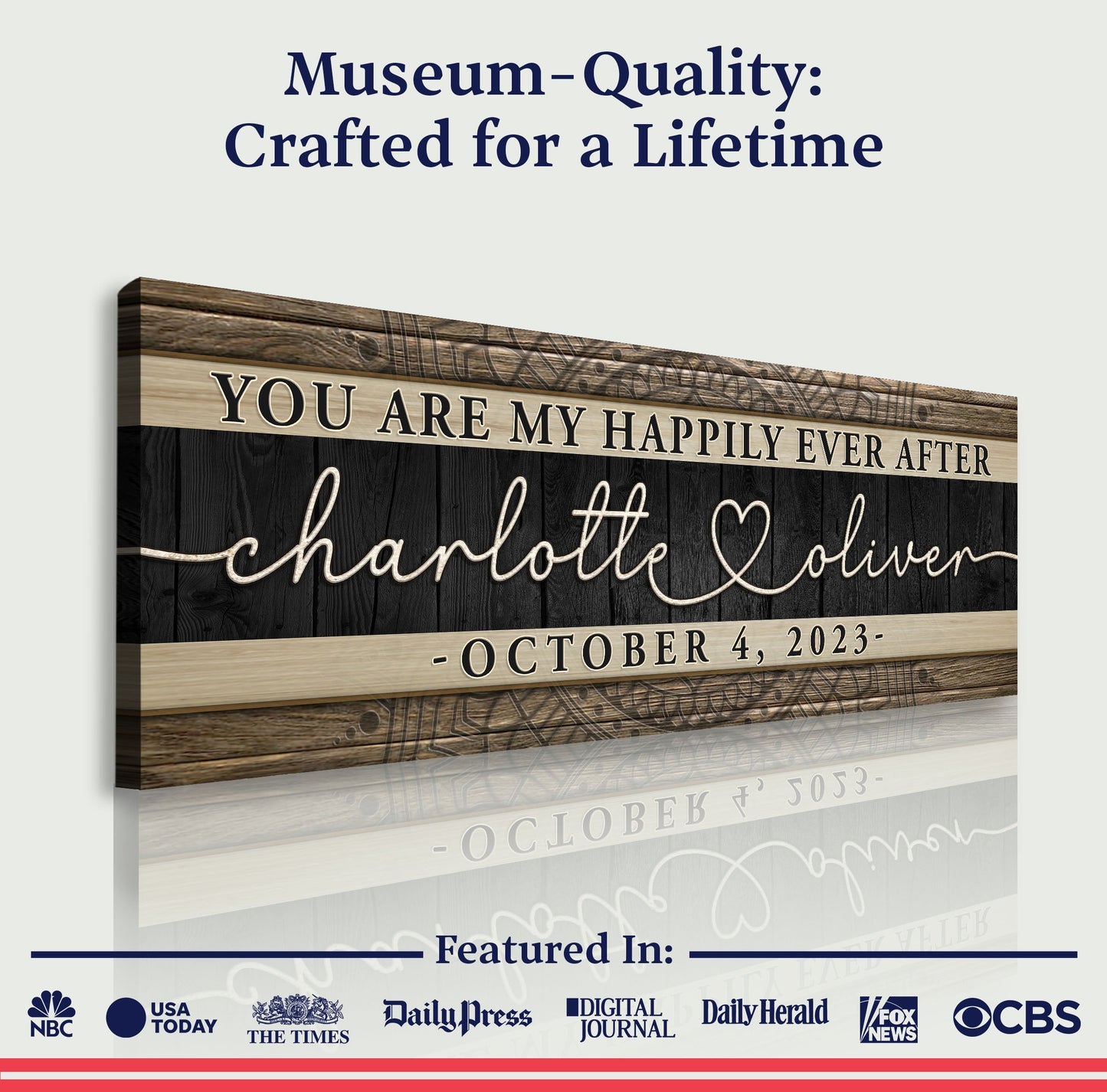 Happily Ever After couple sign canvas with wood planks and names Charlotte Oliver on Tampa Home & Garden Store