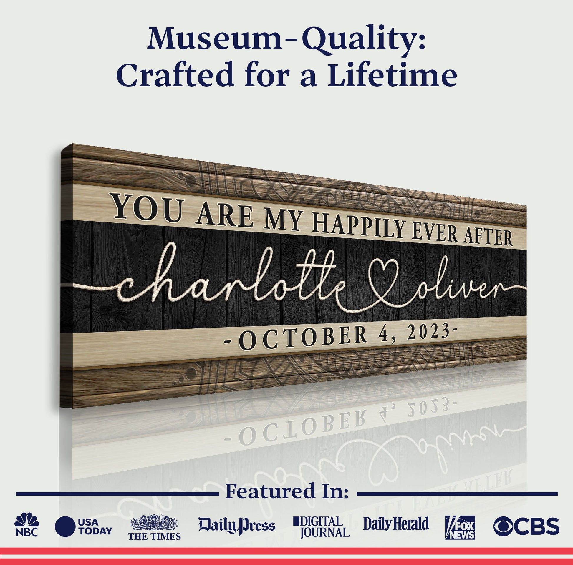 Happily Ever After couple sign canvas with wood planks and names Charlotte Oliver on Tampa Home & Garden Store