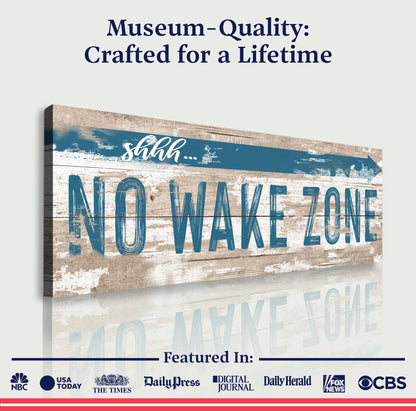 No Wake Zone XIV canvas sign with weathered wood texture and blue lettering Tailored Canvases on Tampa Home & Garden Store