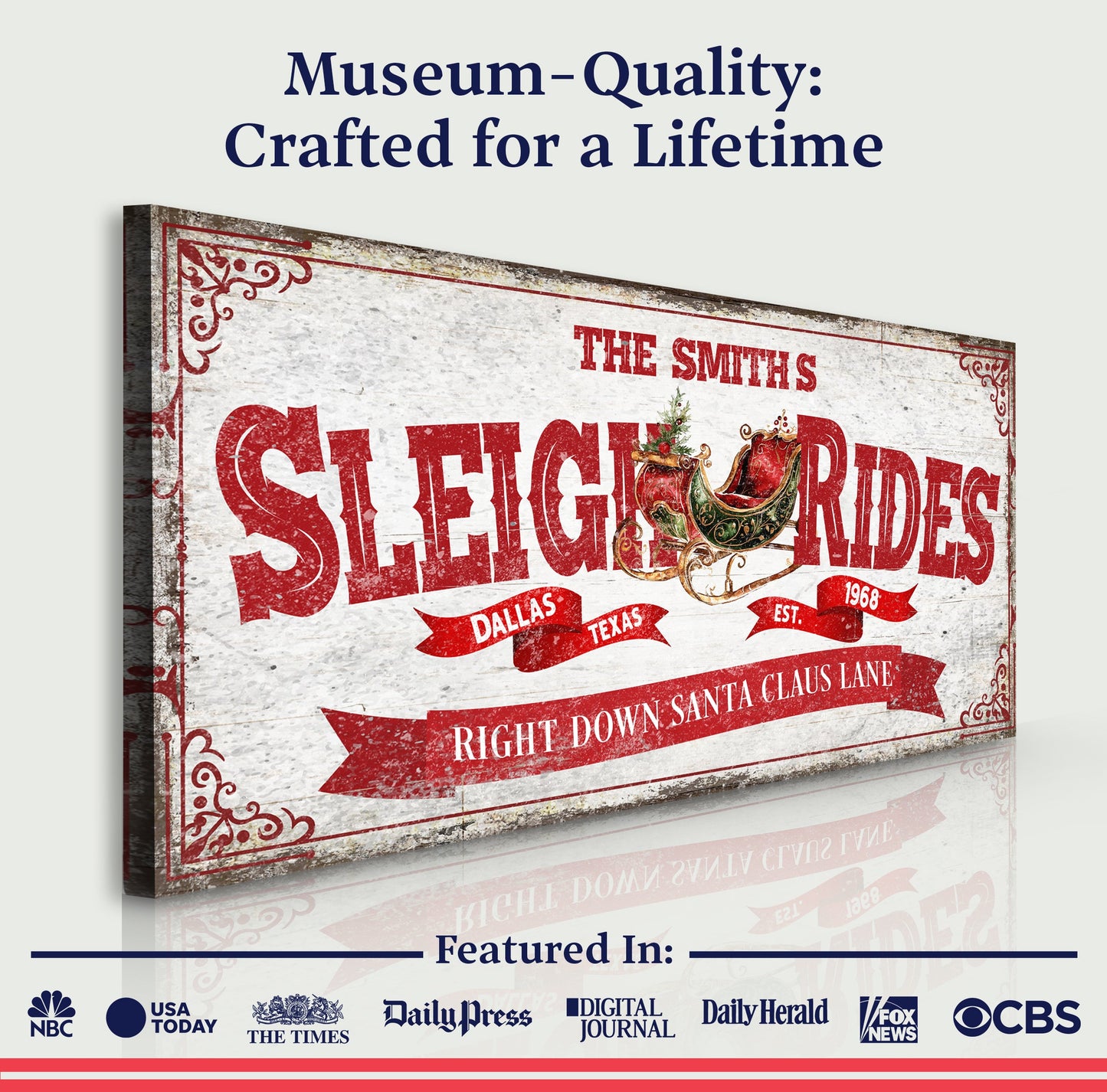 Sleigh Rides Christmas Sign IV canvas by Tailored Canvases in vintage red distressed design on Tampa Home & Garden Store