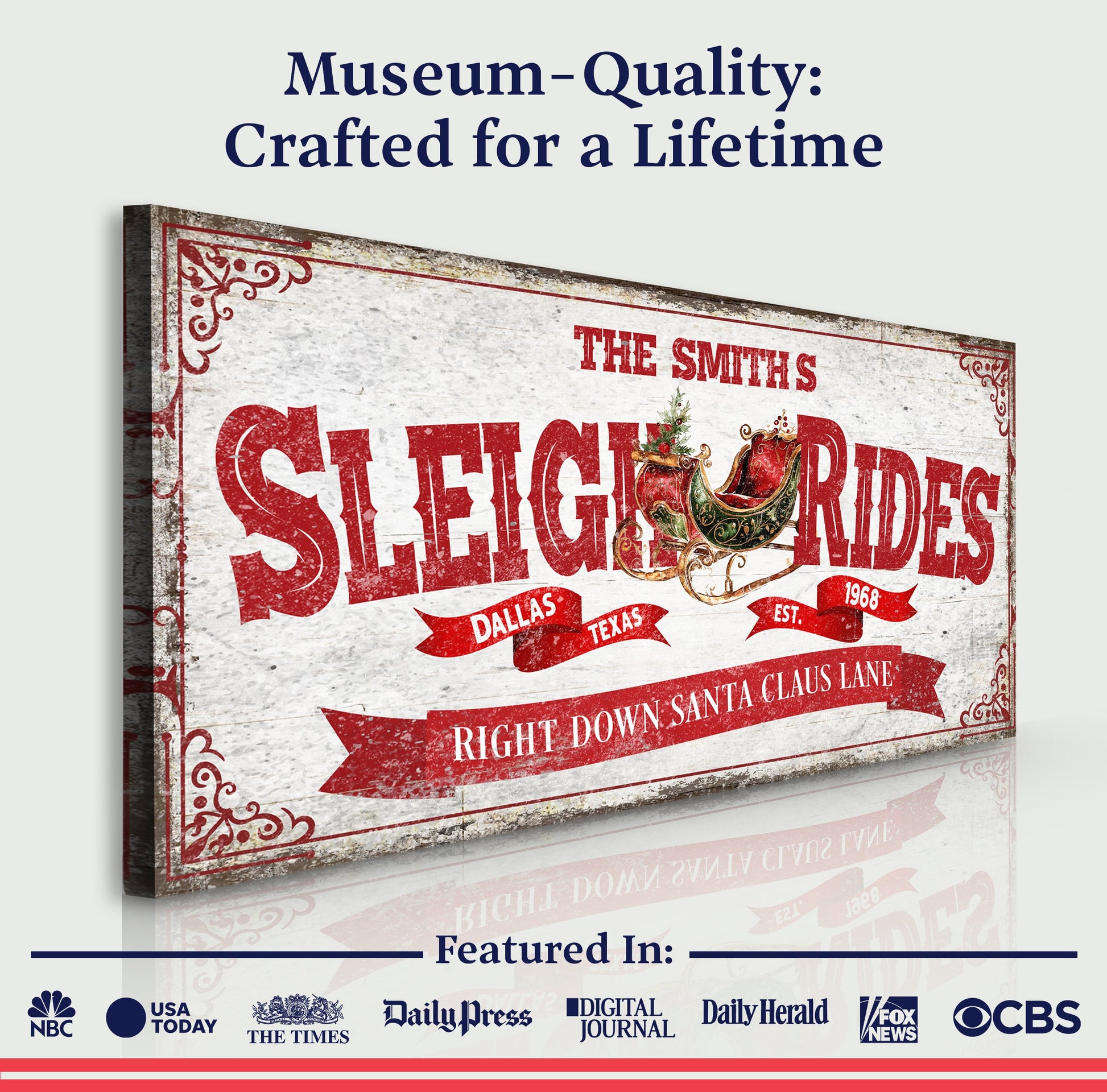 Sleigh Rides Christmas Sign IV canvas by Tailored Canvases in vintage red distressed design on Tampa Home & Garden Store