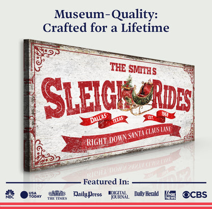 Sleigh Rides Christmas Sign IV canvas by Tailored Canvases in vintage red distressed design on Tampa Home & Garden Store