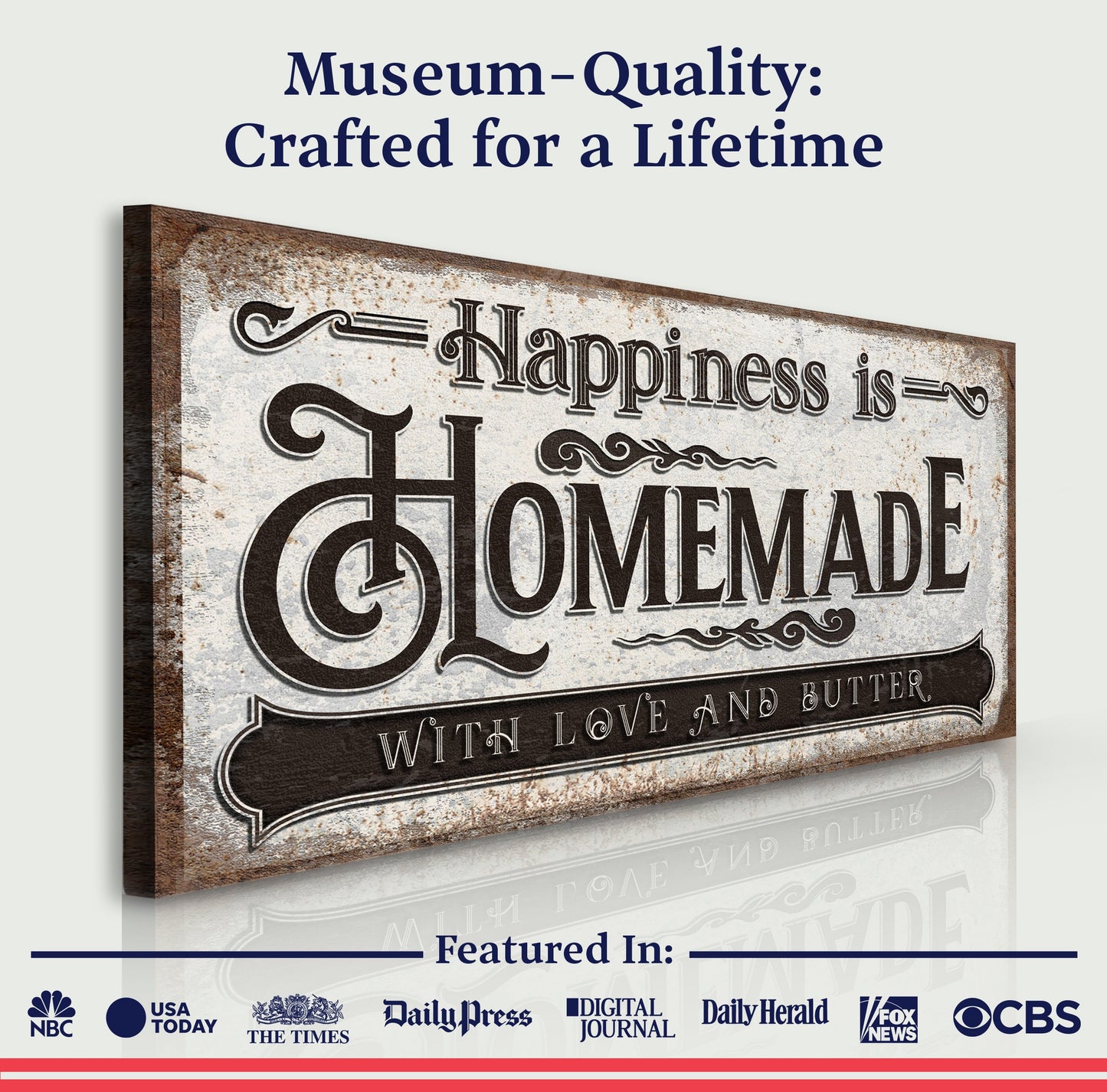 Canvas sign Tailored Canvases Happiness Is Homemade With Love And Butter typography rustic beige on Tampa Home & Garden Store
