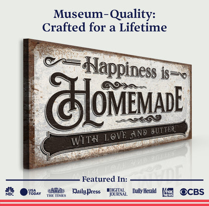Canvas sign Tailored Canvases Happiness Is Homemade With Love And Butter typography rustic beige on Tampa Home & Garden Store