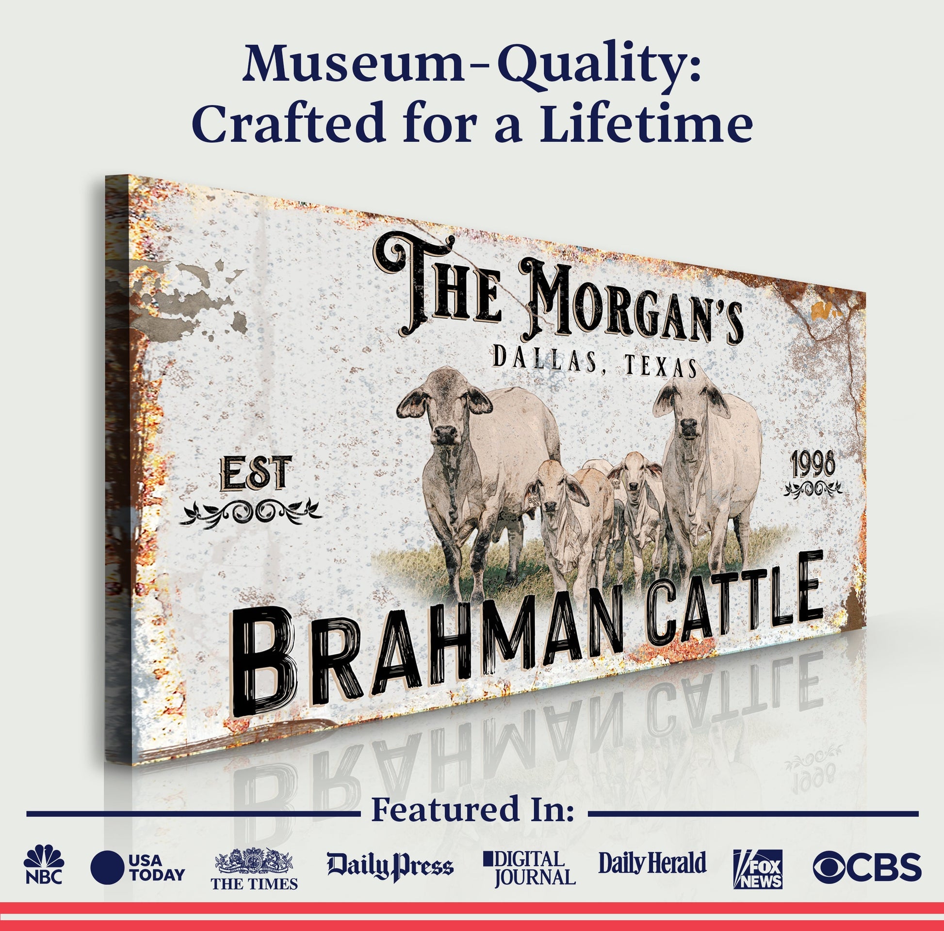 Personalized Brahman Cattle Sign II canvas by Tailored Canvases with vintage cattle illustration on Tampa Home & Garden Store