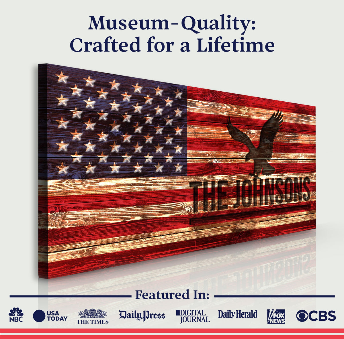 Rustic American Flag Family Name Sign canvas by Tailored Canvases with weathered wood texture and eagle silhouette on Tampa Home & Garden Store