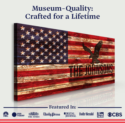 Rustic American Flag Family Name Sign canvas by Tailored Canvases with weathered wood texture and eagle silhouette on Tampa Home & Garden Store