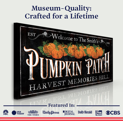 Personalized Pumpkin Patch Sign IX canvas crafting artwork with a rustic black panel and pumpkins on Tampa Home & Garden Store