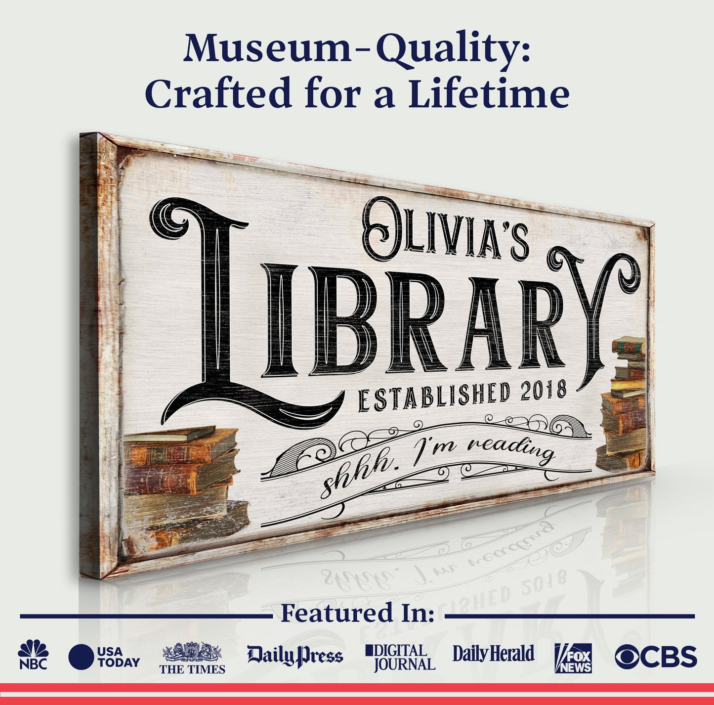 Shhh I'm Reading Library Sign canvas by Tailored Canvases with vintage wood frame on Tampa Home & Garden Store