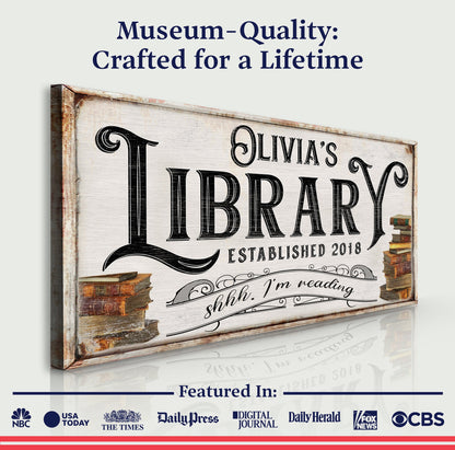 Shhh I'm Reading Library Sign canvas by Tailored Canvases with vintage wood frame on Tampa Home & Garden Store