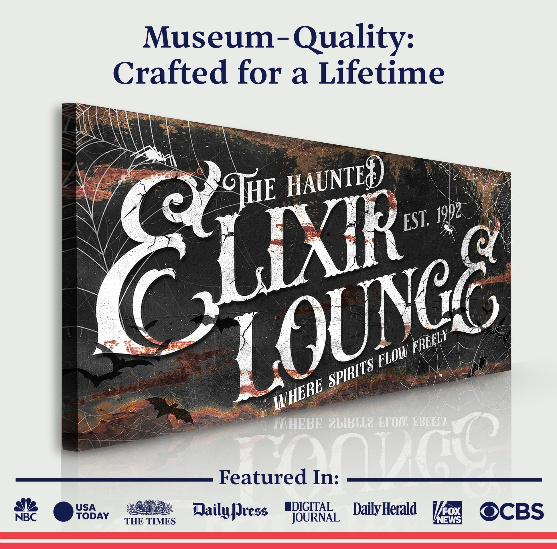 The Haunted Elixir Lounge Halloween Sign III canvas with dark aged texture and ornate typography on Tampa Home & Garden Store