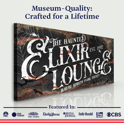 The Haunted Elixir Lounge Halloween Sign III canvas with dark aged texture and ornate typography on Tampa Home & Garden Store