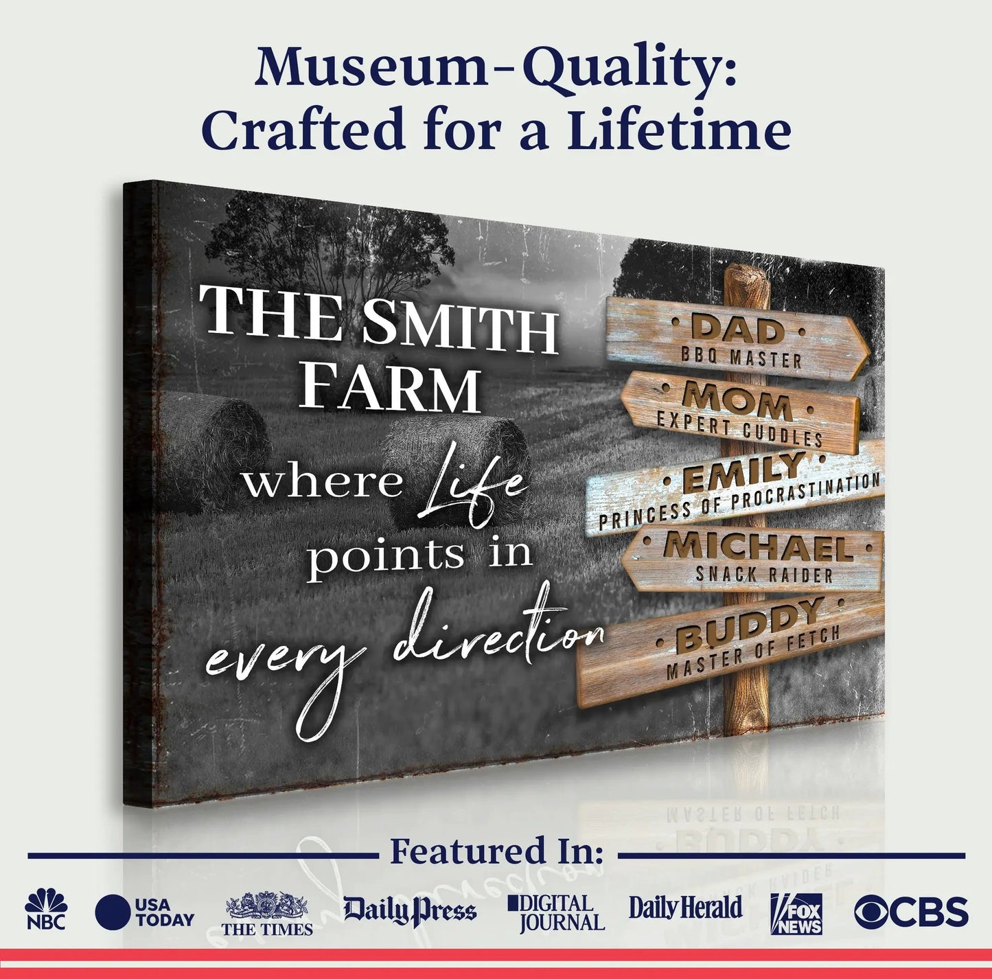 Canvas sign featuring a rustic wooden directional sign with family names on farm backdrop on Tampa Home & Garden Store