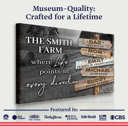 Canvas sign featuring a rustic wooden directional sign with family names on farm backdrop on Tampa Home & Garden Store