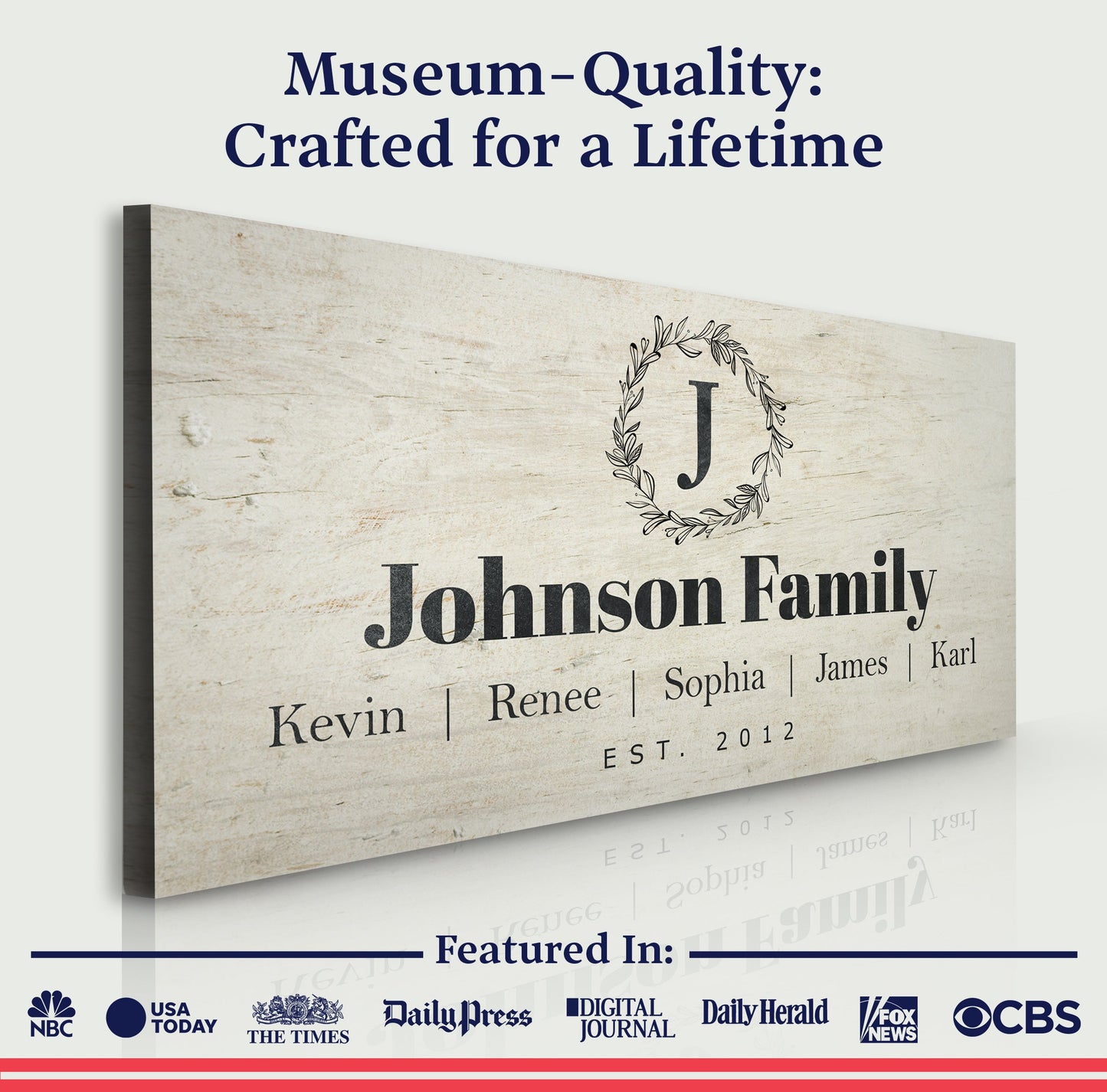Personalized Rustic Family Sign Canvas by Tailored Canvases with Johnson Family name laurel wreath on Tampa Home & Garden Store