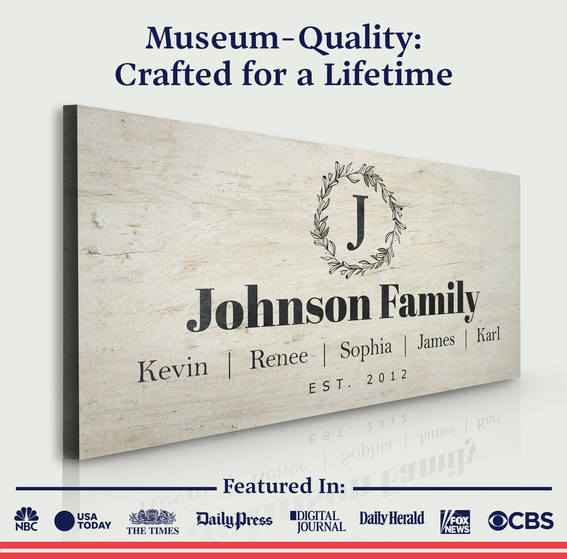 Personalized Rustic Family Sign Canvas by Tailored Canvases with Johnson Family name laurel wreath on Tampa Home & Garden Store