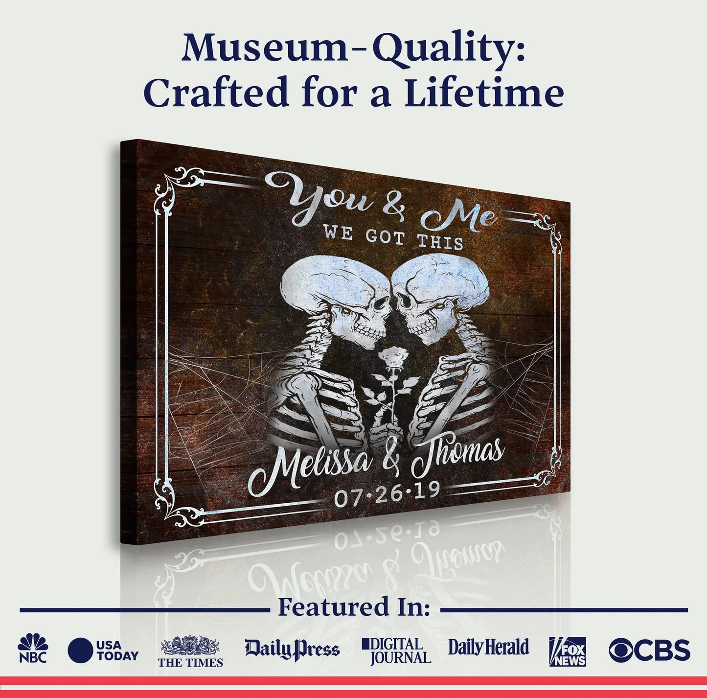 Skeleton Couple Sign IV canvas by Tailored Canvases with You & Me skulls on wood background on Tampa Home & Garden Store