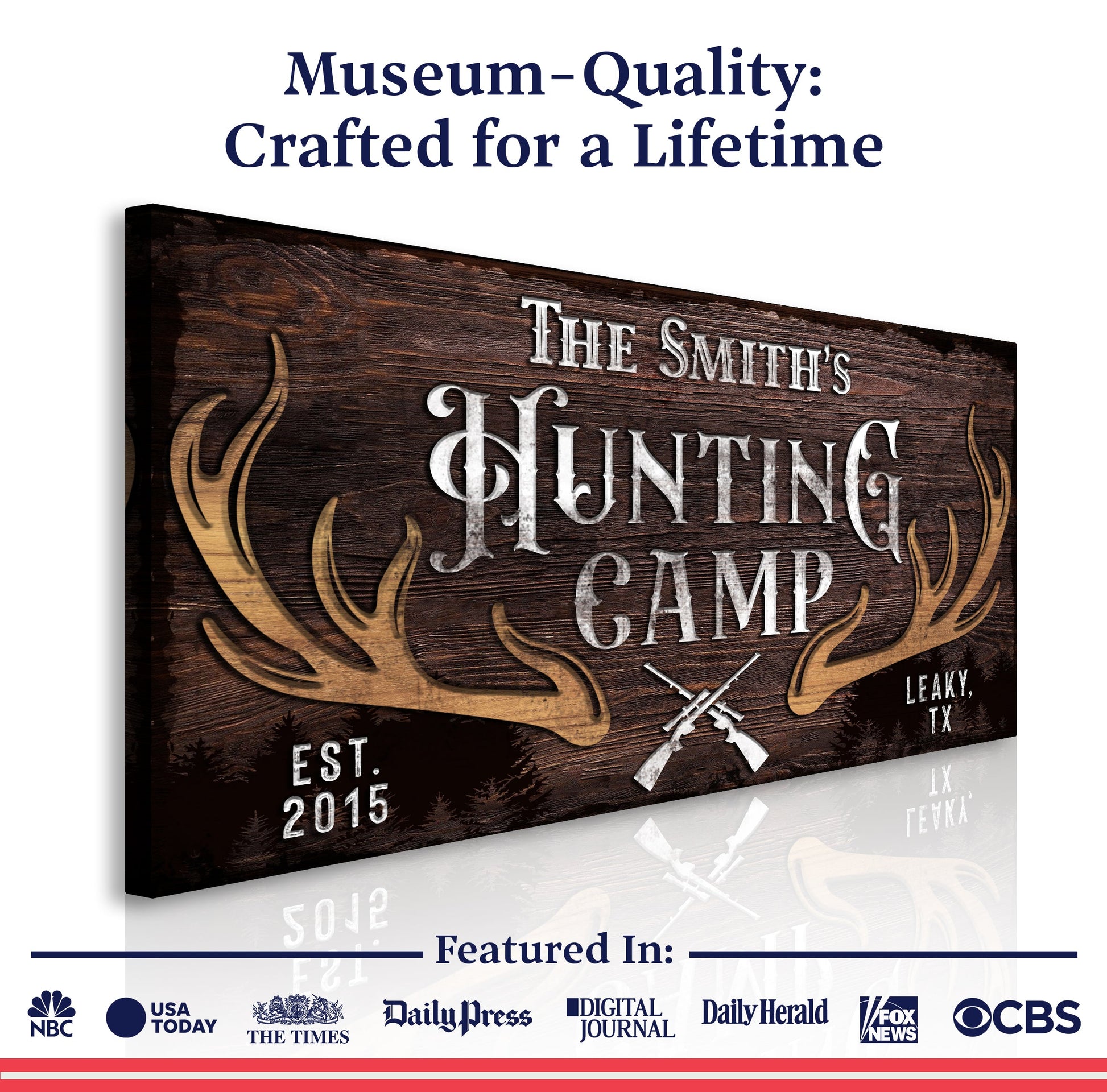 Family Hunting Camp Sign canvas on rustic wood with antlers Tailored Canvases on Tampa Home & Garden Store