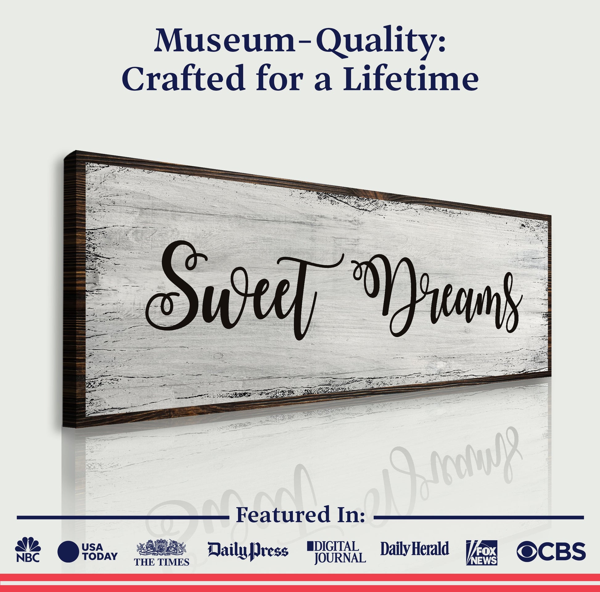 Sweet Dreams canvas sign by Tailored Canvases, rustic wood frame with script lettering on Tampa Home & Garden Store