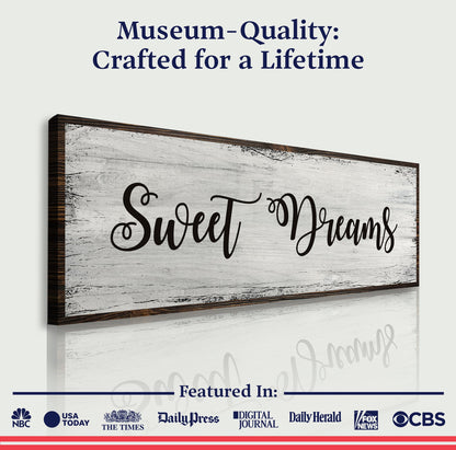 Sweet Dreams canvas sign by Tailored Canvases, rustic wood frame with script lettering on Tampa Home & Garden Store
