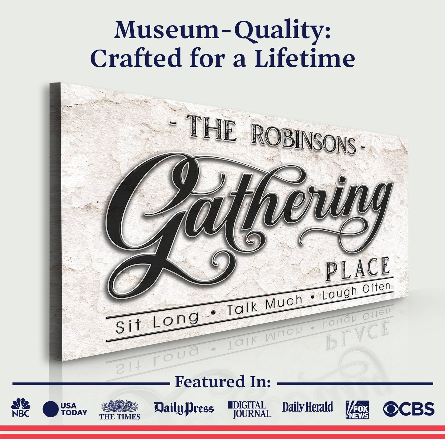 The Gathering Place Personalized Sign Canvas by Tailored Canvases, stone-textured backdrop on Tampa Home & Garden Store