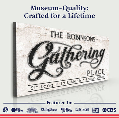 The Gathering Place Personalized Sign Canvas by Tailored Canvases, stone-textured backdrop on Tampa Home & Garden Store