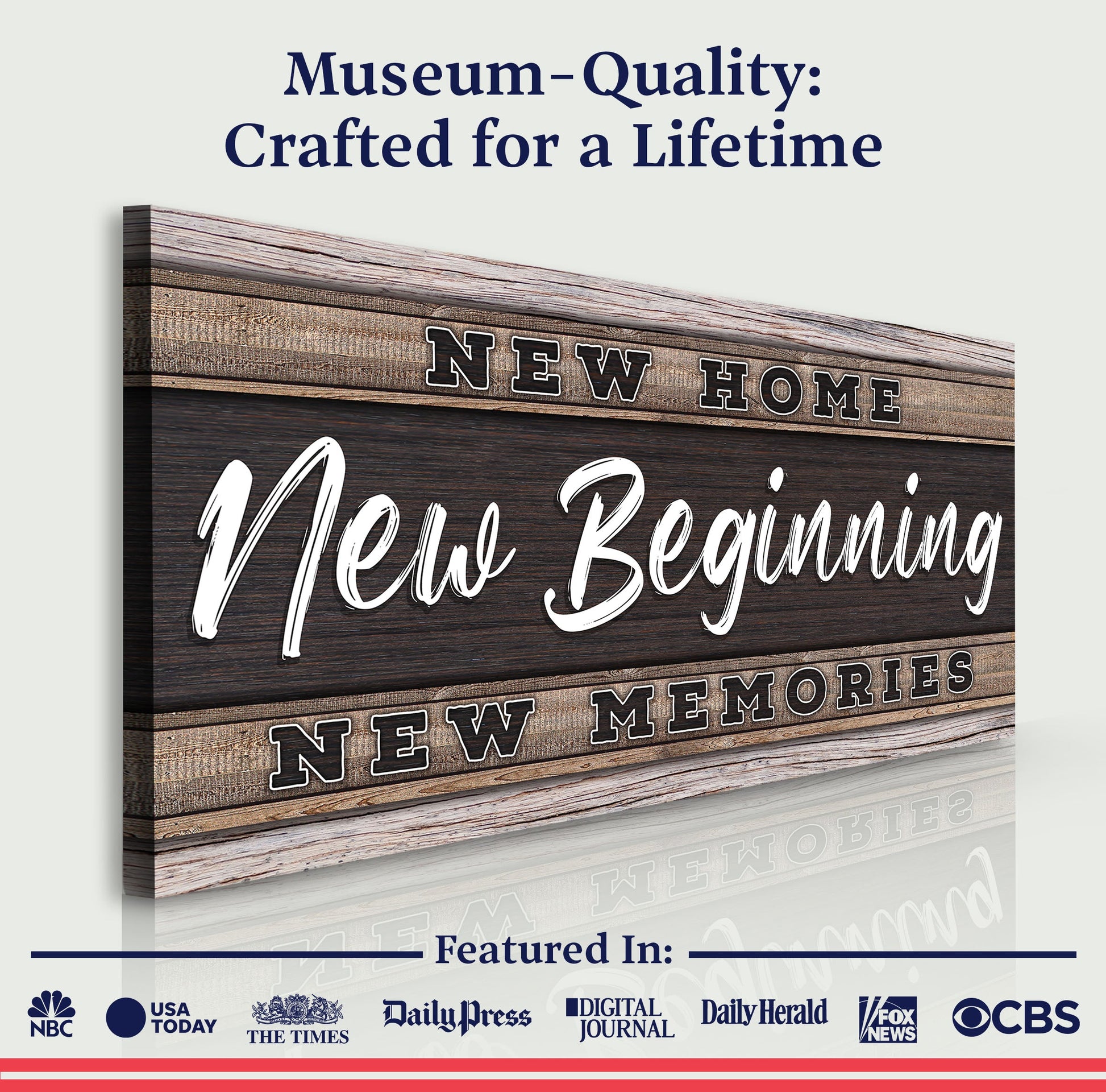 New Home sign canvas by Tailored Canvases, rustic wood plank with bold block lettering on Tampa Home & Garden Store