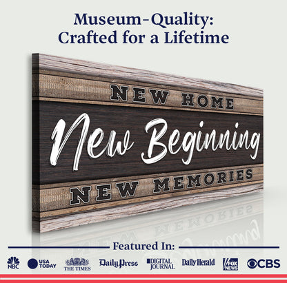 New Home sign canvas by Tailored Canvases, rustic wood plank with bold block lettering on Tampa Home & Garden Store