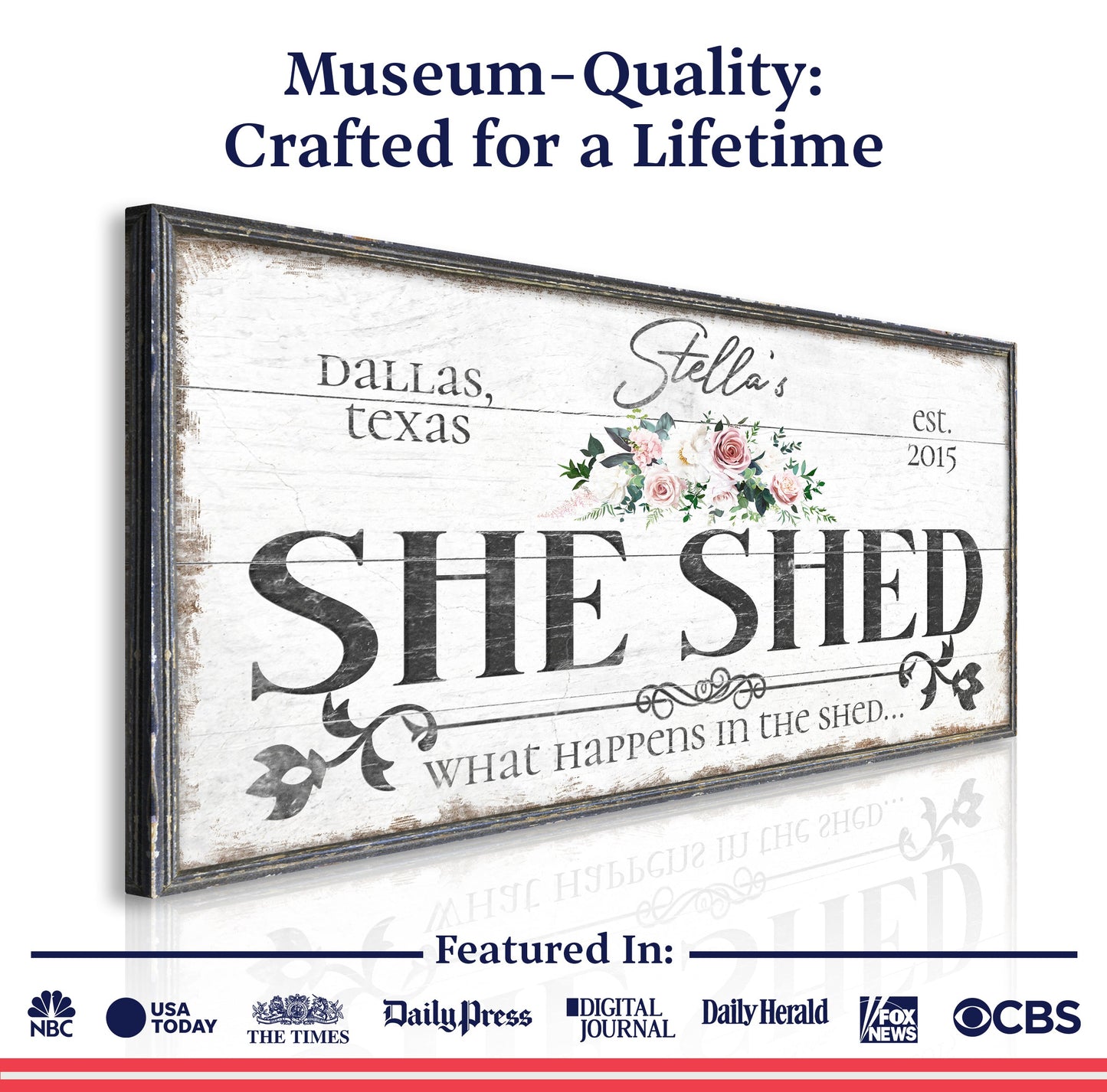 Personalized She Shed Sign VII canvas with distressed frame, Tailored Canvases and floral bouquet on Tampa Home & Garden Store