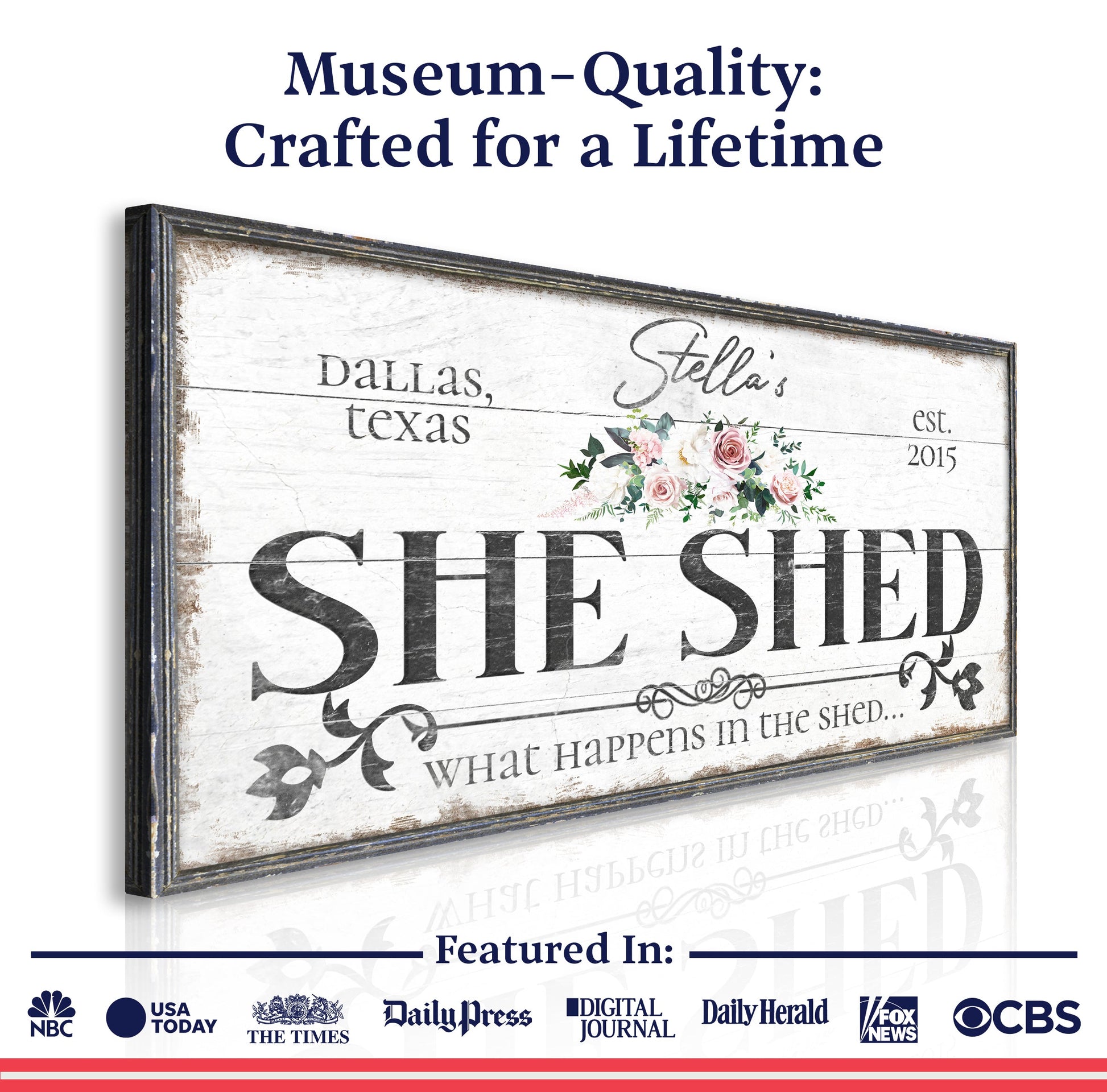 Personalized She Shed Sign VII canvas with distressed frame, Tailored Canvases and floral bouquet on Tampa Home & Garden Store