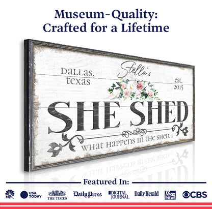 Personalized She Shed Sign VII canvas with distressed frame, Tailored Canvases and floral bouquet on Tampa Home & Garden Store