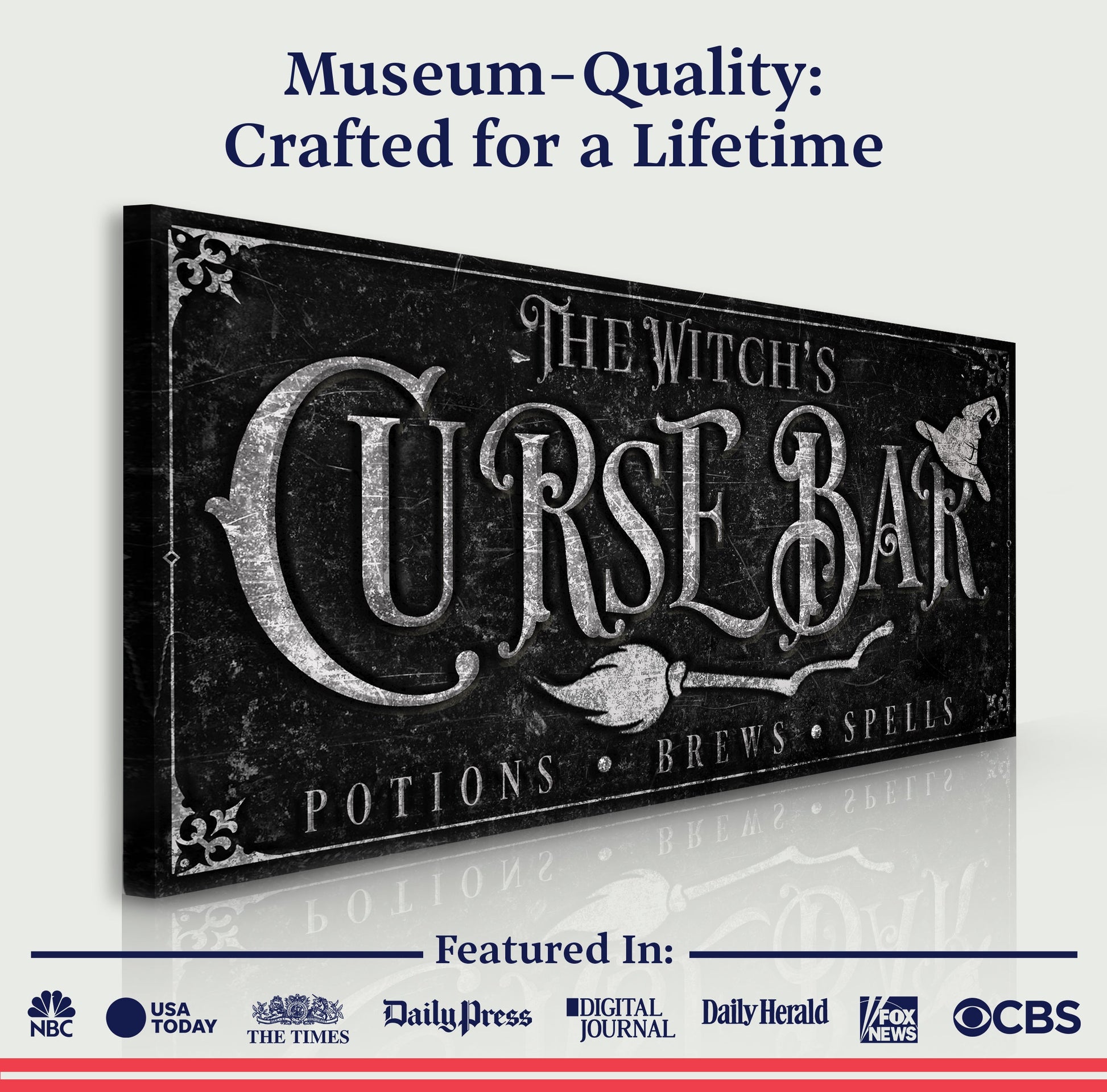 Canvas sign The Witch's Curse Halloween Sign by Tailored Canvases with black Gothic typography on Tampa Home & Garden Store