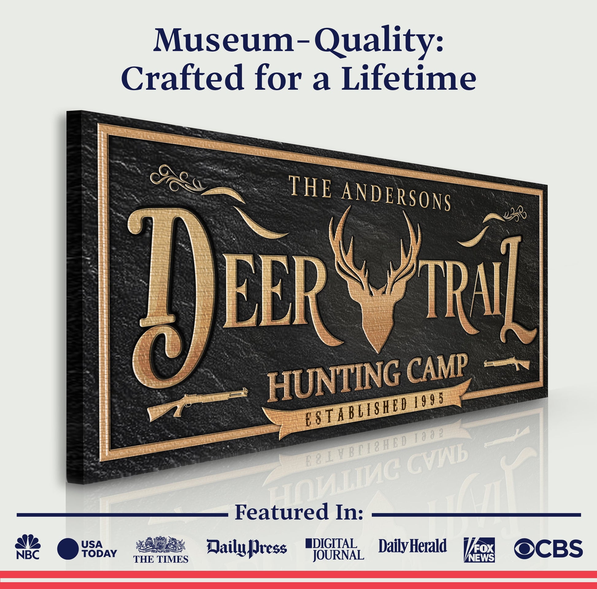 Personalized Deer Trail Hunting Camp Sign canvas by Tailored Canvases with black and gold antlers on Tampa Home & Garden Store