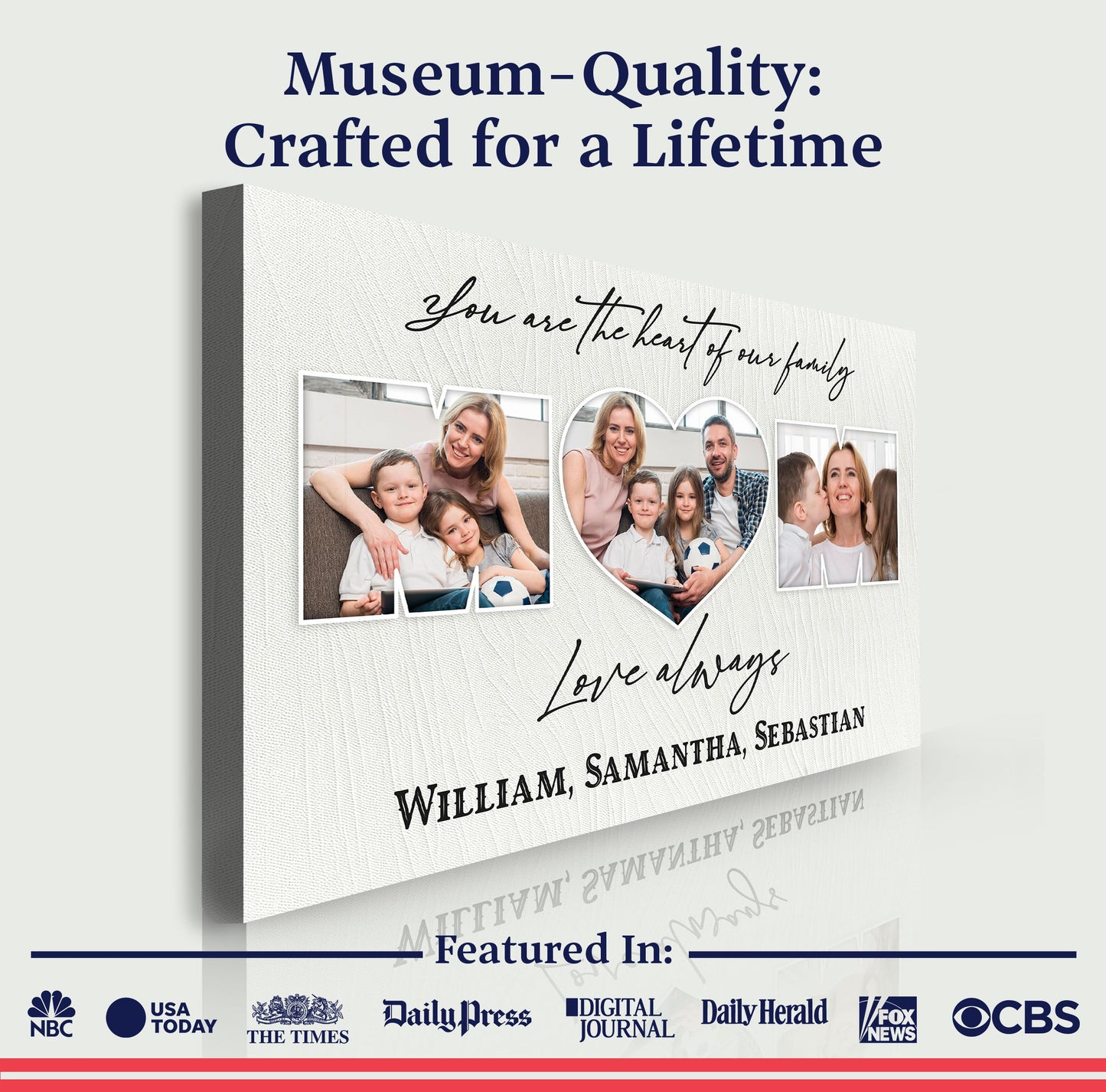Canvas Tailored Canvases You Are The Heart Of The Family photo collage on textured gray canvas on Tampa Home & Garden Store