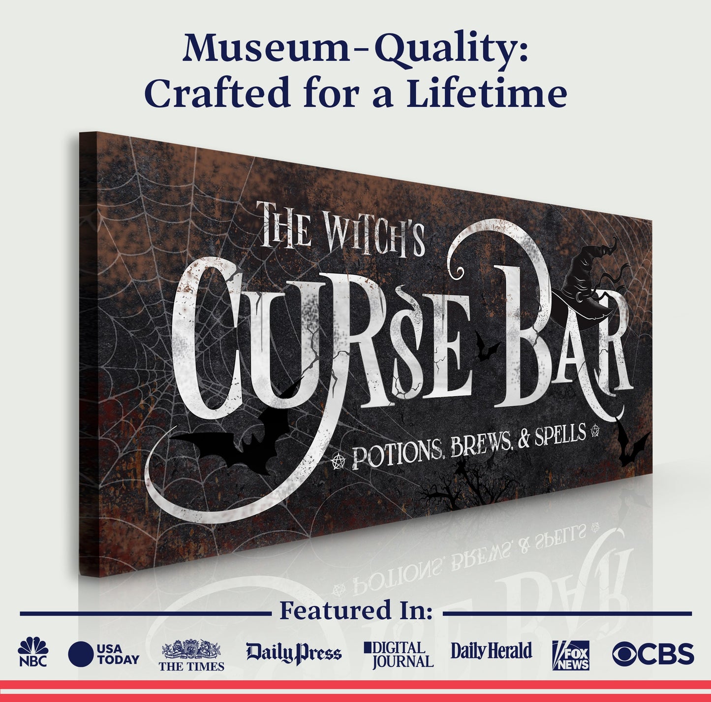 The Witch's Curse Bar Halloween Sign III canvas with distressed rust and spiderwebs on Tampa Home & Garden Store