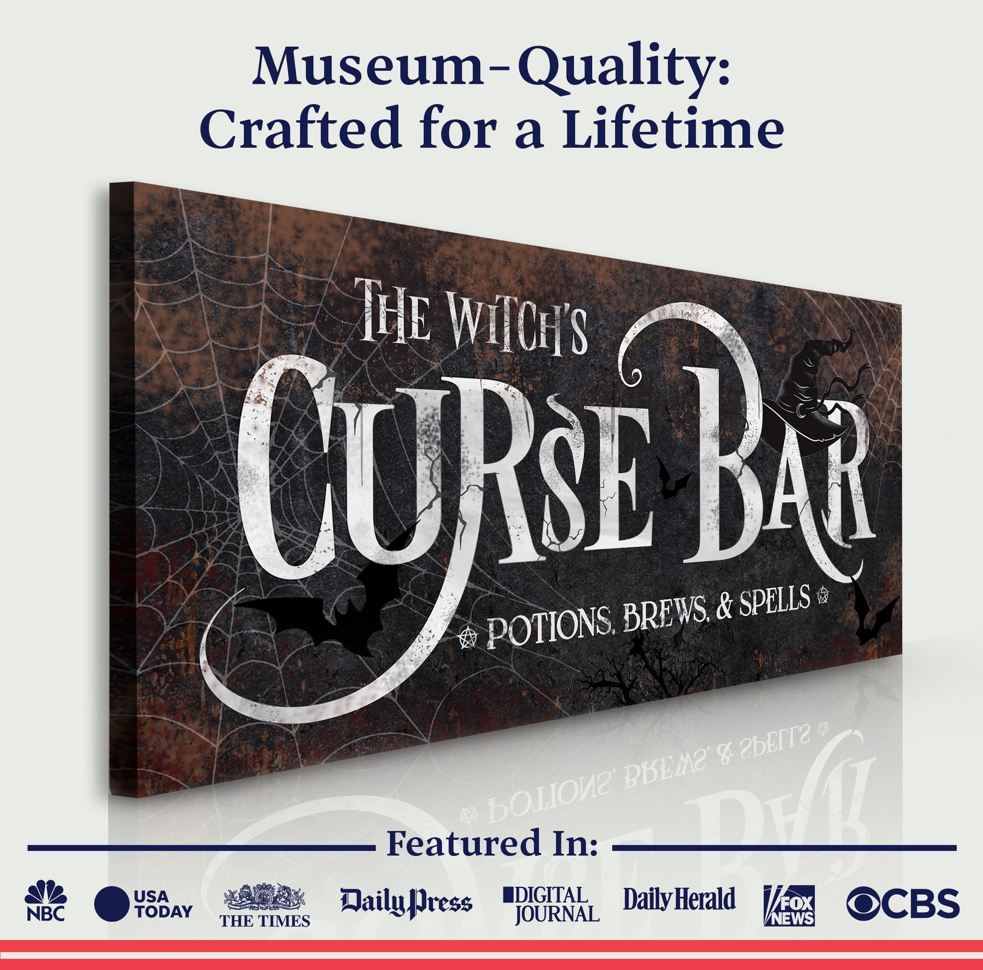 The Witch's Curse Bar Halloween Sign III canvas with distressed rust and spiderwebs on Tampa Home & Garden Store