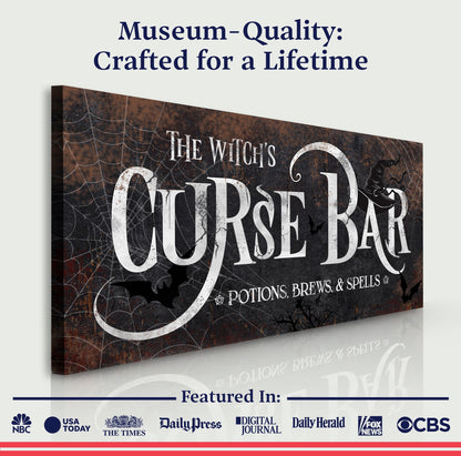 The Witch's Curse Bar Halloween Sign III canvas with distressed rust and spiderwebs on Tampa Home & Garden Store