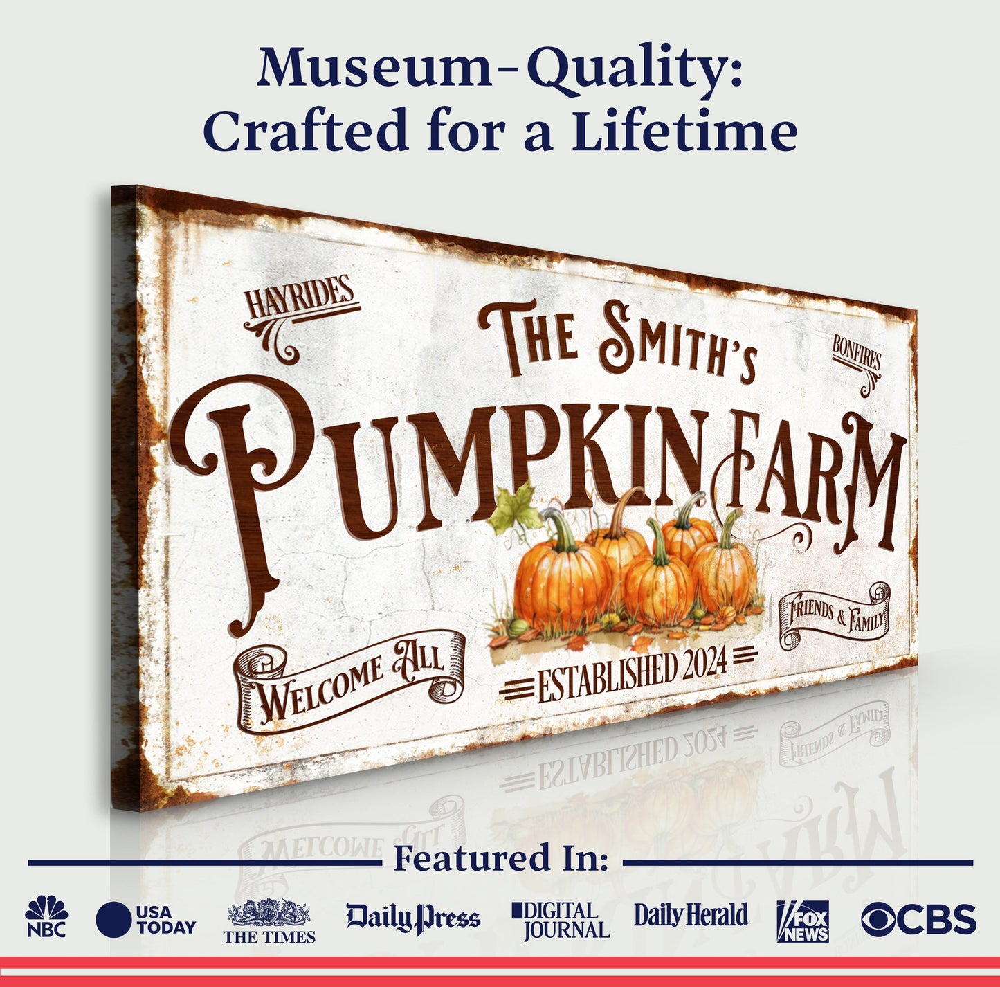 Personalized Pumpkin Farm Sign canvas by Tailored Canvases, rustic farmhouse art with pumpkins on Tampa Home & Garden Store
