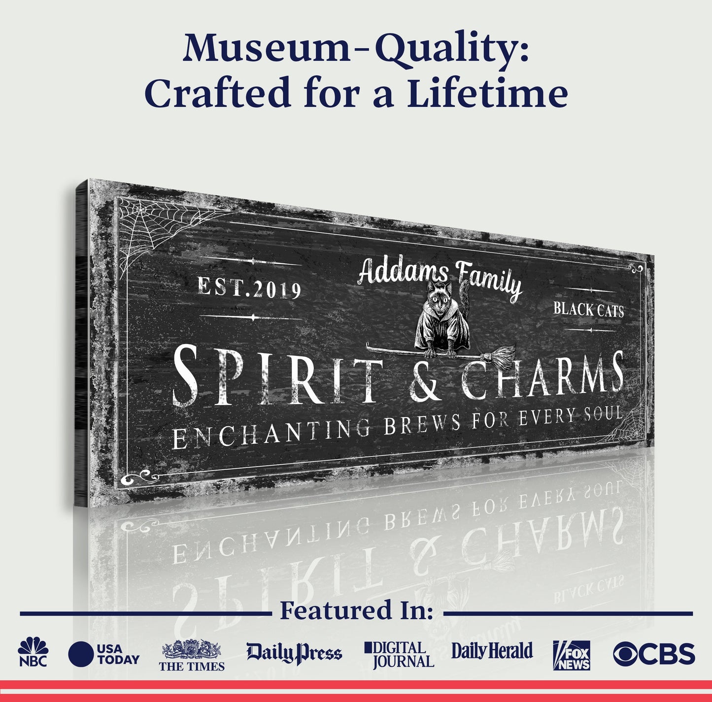 Canvas sign Black Cat’s Spirits & Charms Halloween; rustic black chalkboard with cat & web on Tampa Home & Garden Store
