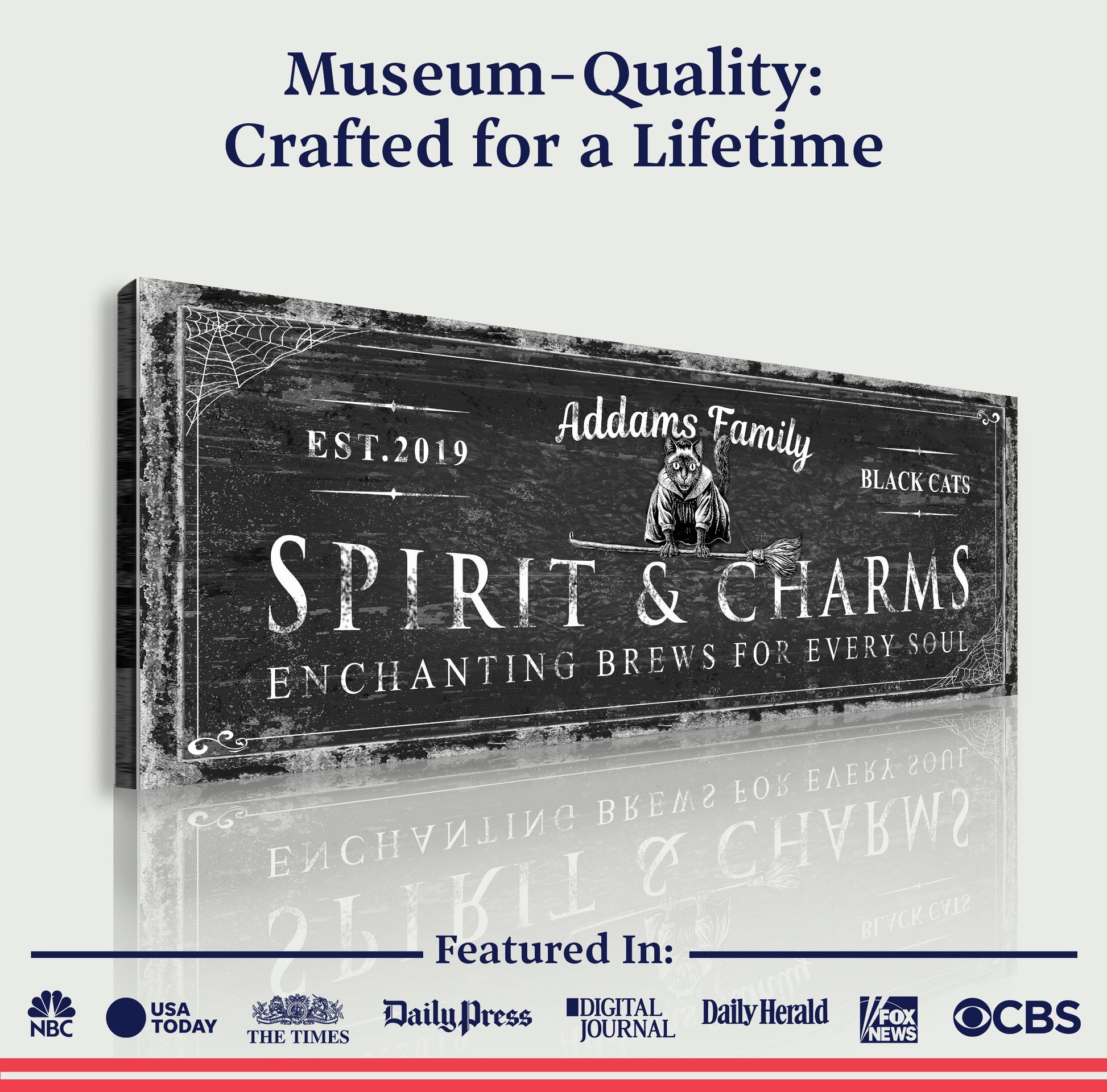 Canvas sign Black Cat’s Spirits & Charms Halloween; rustic black chalkboard with cat & web on Tampa Home & Garden Store
