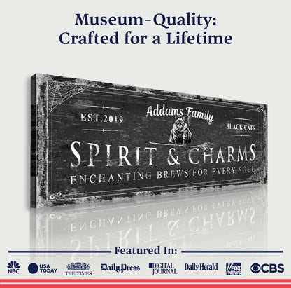 Canvas sign Black Cat’s Spirits & Charms Halloween; rustic black chalkboard with cat & web on Tampa Home & Garden Store