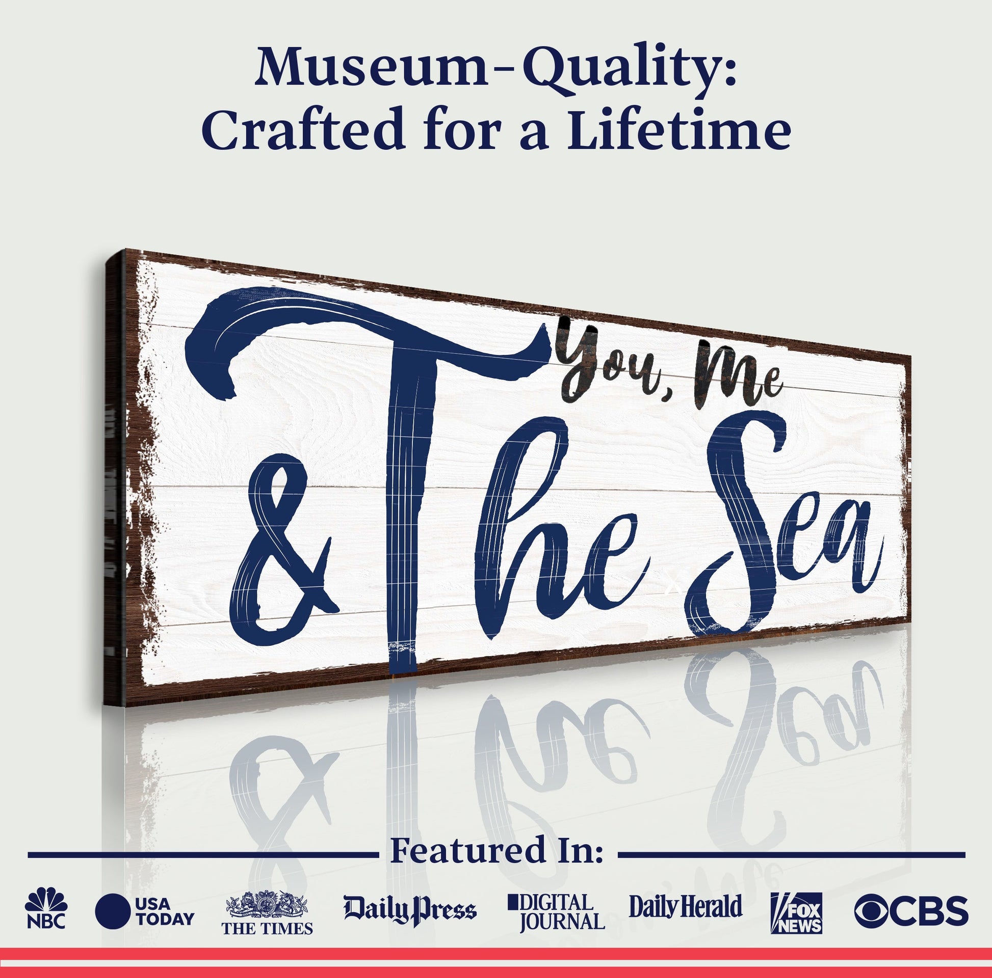 You, Me And The Sea Beach Sign II canvas with navy script on white wood by Tailored Canvases on Tampa Home & Garden Store