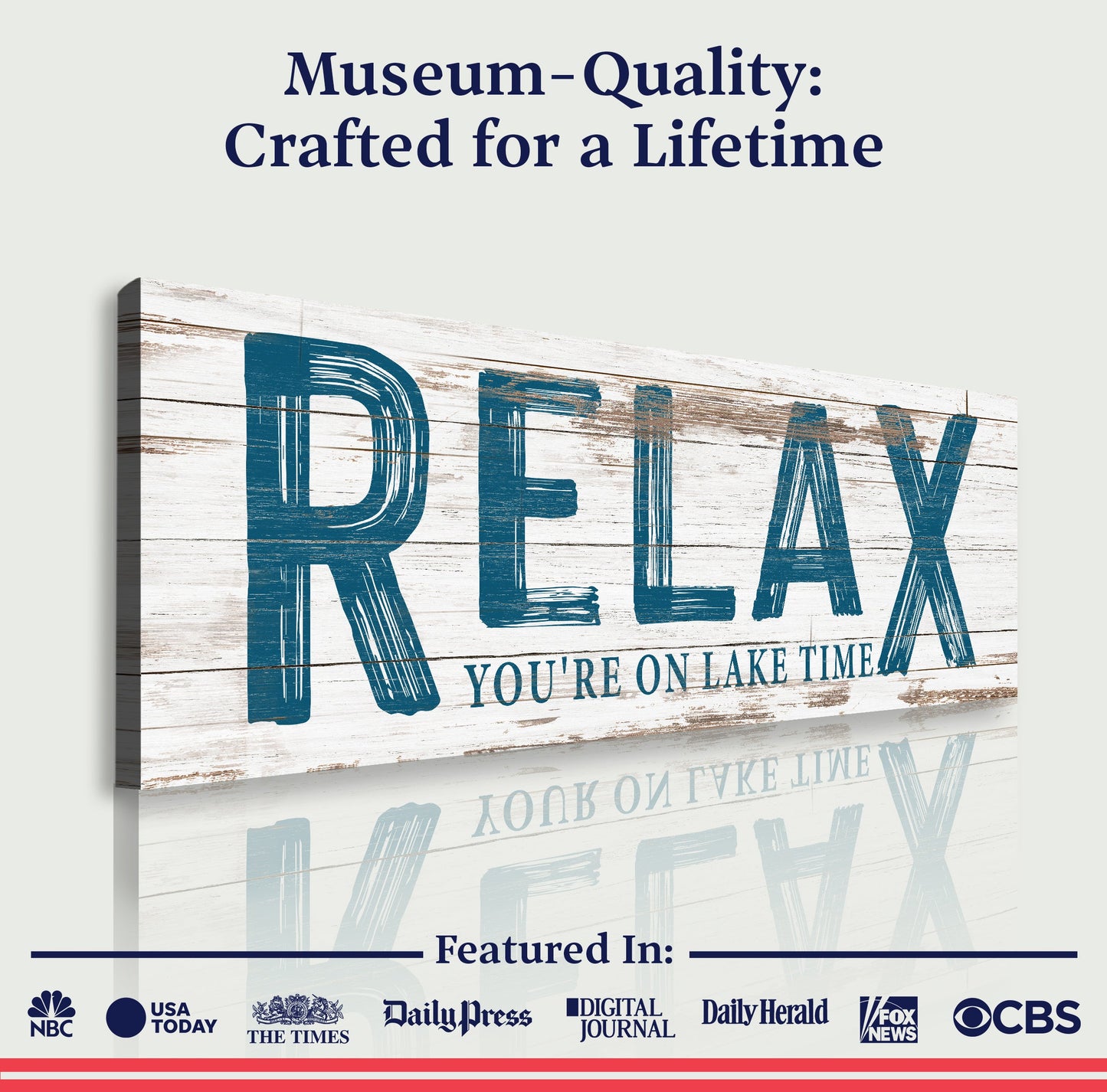 Relax You're on Lake Time sign canvas by Tailored Canvases with wood backdrop and blue lettering on Tampa Home & Garden Store