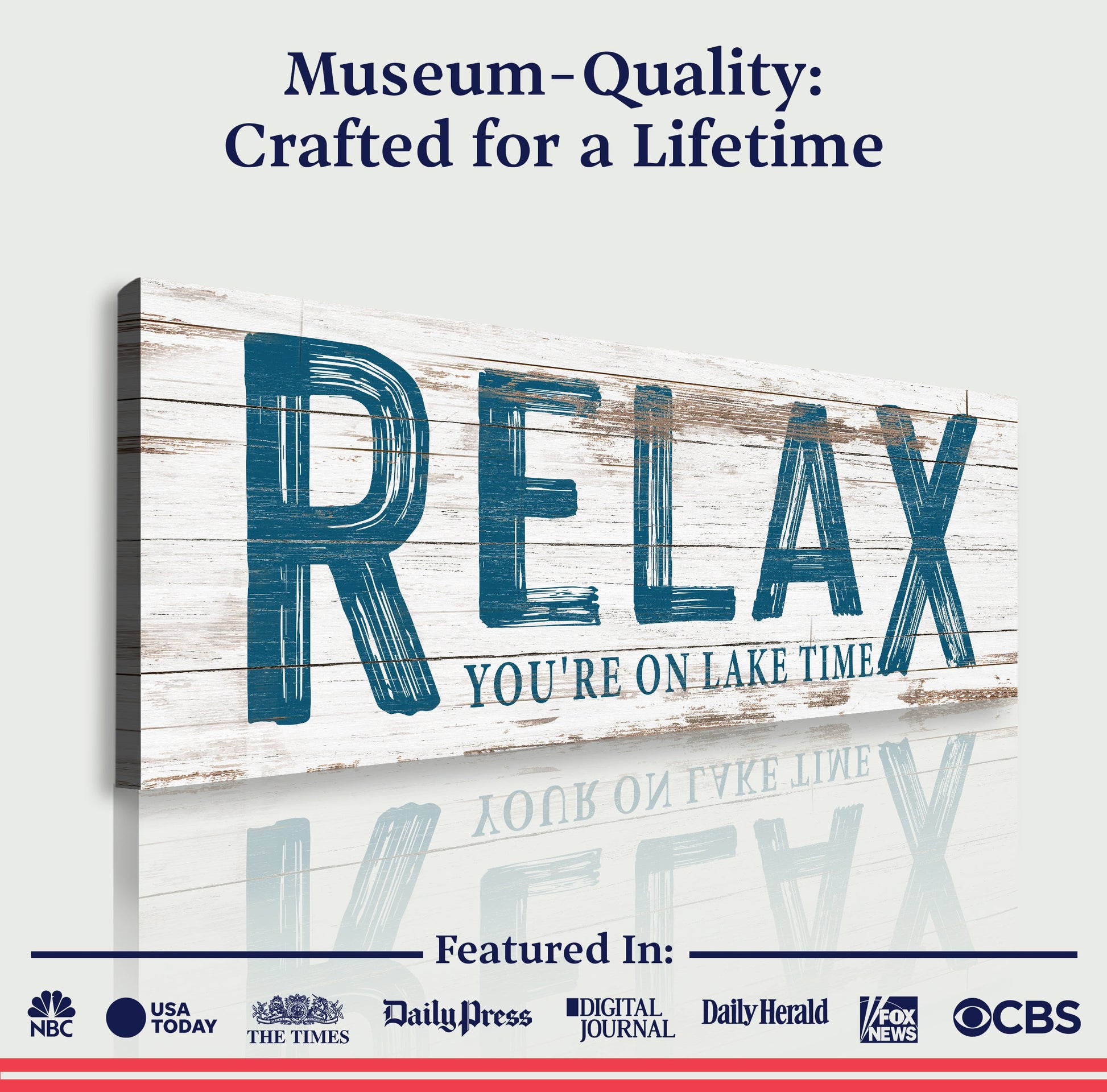Relax You're on Lake Time sign canvas by Tailored Canvases with wood backdrop and blue lettering on Tampa Home & Garden Store