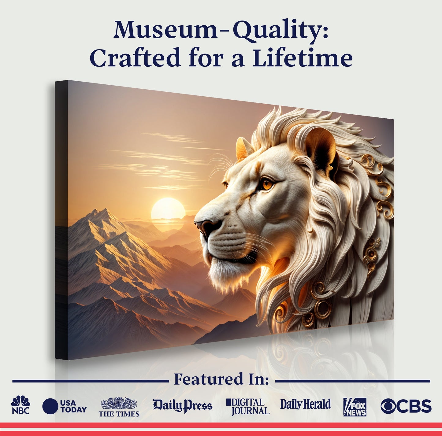 3D Majestic Lion Wall Art IV canvas by Tailored Canvases; golden mane against sunset mountains on Tampa Home & Garden Store