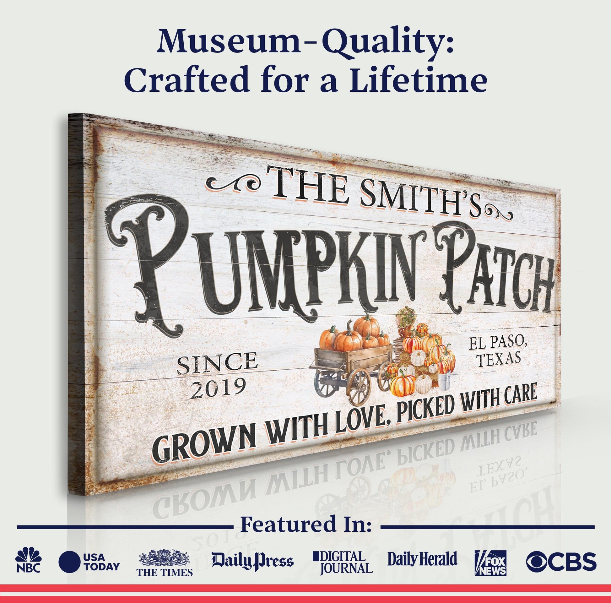 Canvas Personalized Pumpkin Patch Sign VII with rustic pumpkin cart design for crafting decor on Tampa Home & Garden Store