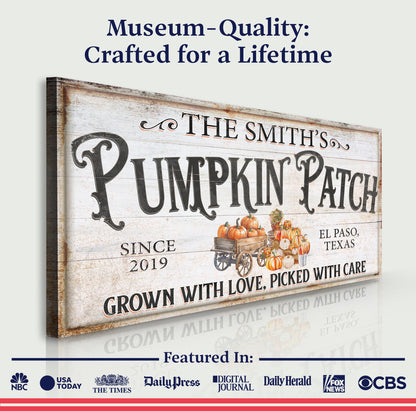 Canvas Personalized Pumpkin Patch Sign VII with rustic pumpkin cart design for crafting decor on Tampa Home & Garden Store
